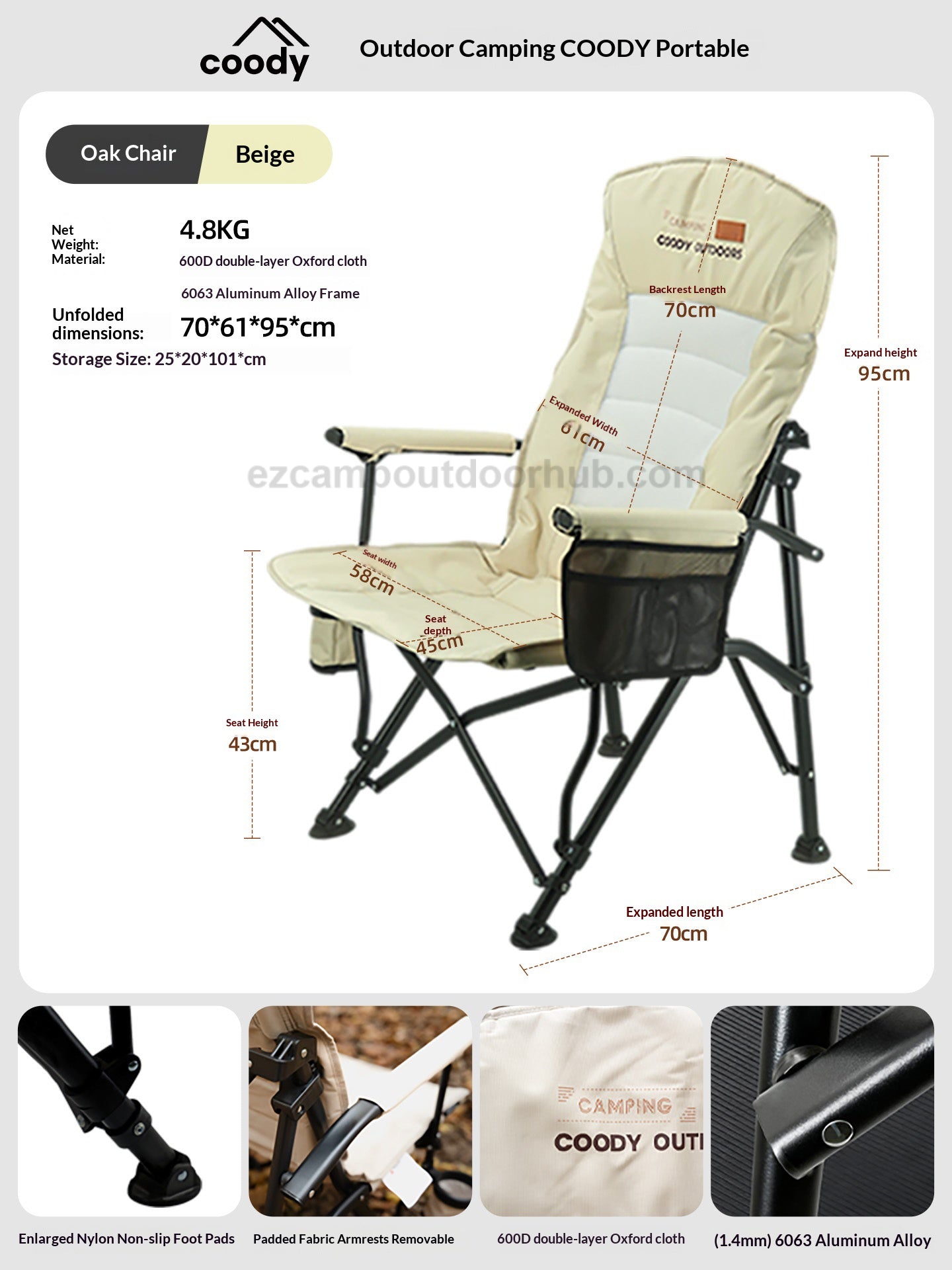 Coody OKE Relax Chair 136° Recliner Leisure Directors Chair Stable Load Bearing 150kg Triangular Cross Structure Design Aluminum Alloy Frame Outdoor