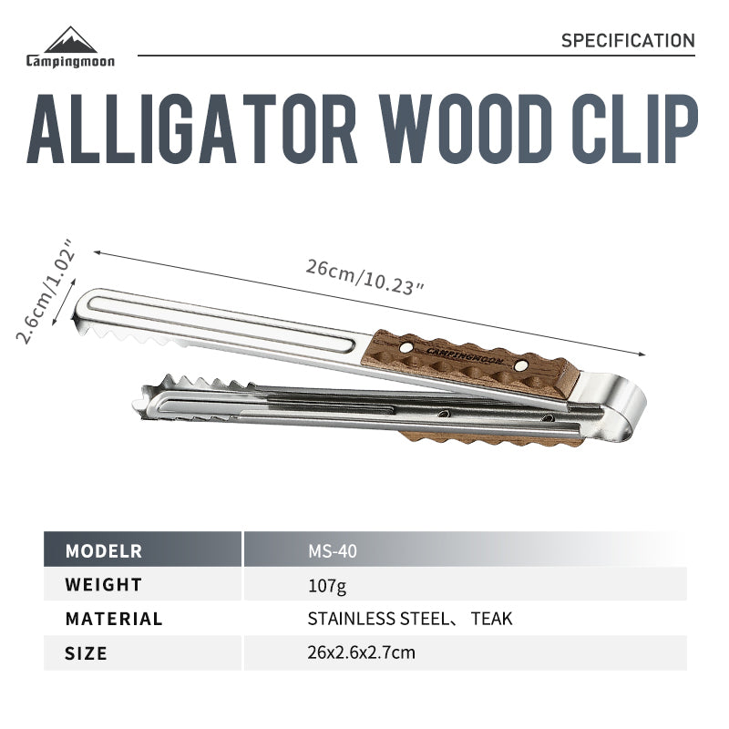 Campingmoon MS-40 Alligator Wood Clip Outdoor BBQ Grill Stainless Steel Tong Premium Teak Wood Heat Resistant Handle Camping Picnic Charcoal Grilling Equipment Utensil Camping Moon