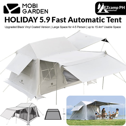 Mobi Garden HOLIDAY 5.9 Fast Build Automatic Cabin Style Tent Upgraded Black Vinyl Coated for 4-5 Person 6m² Large Space 2 Door Built-in 2 Canopy
