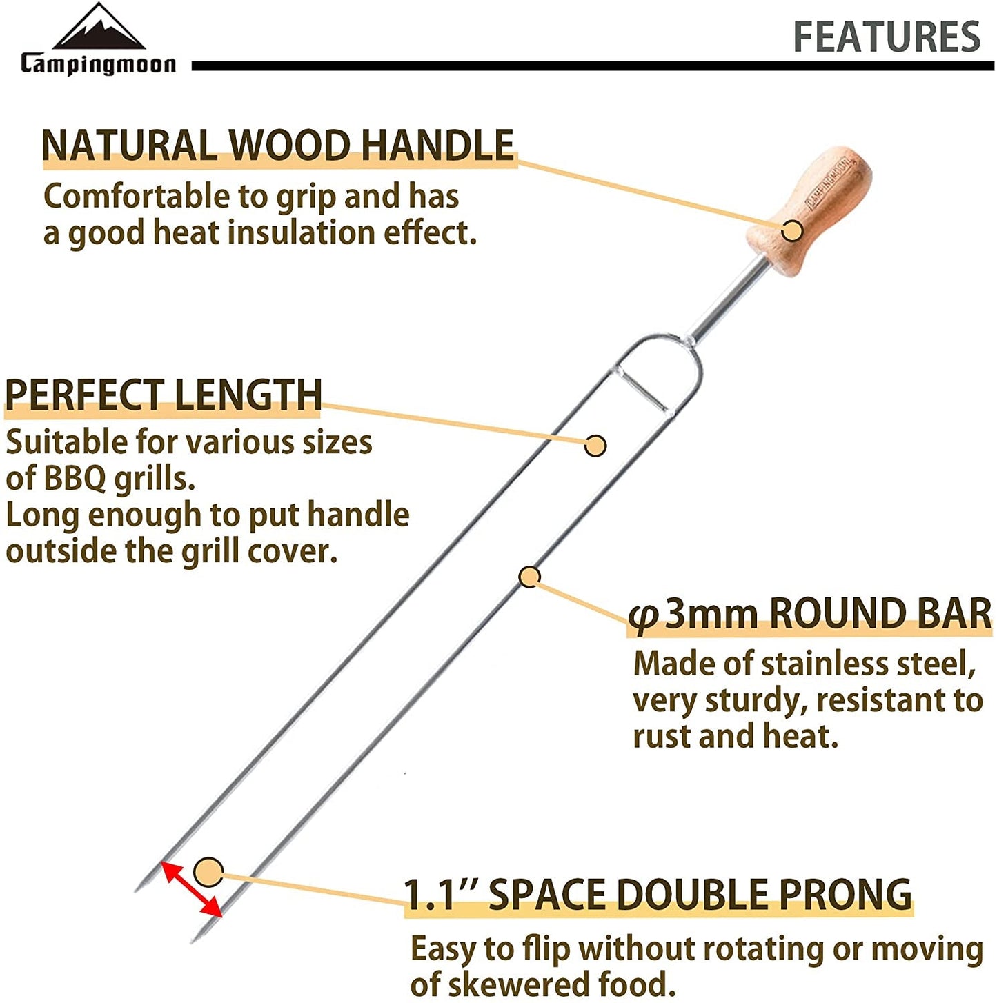 CAMPINGMOON MK-8 Stainless Steel Twin Skewer Outdoor Portable Lightweight Food Grade BBQ Skewers With Wooden Handle Barbecue Kebab Fork Needle