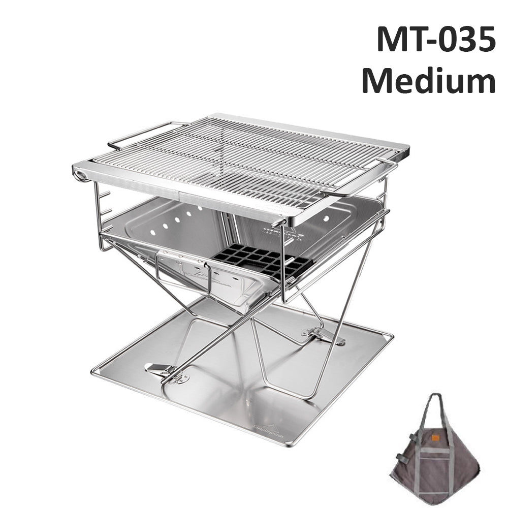 CAMPINGMOON MT PRO Series Camping Outdoor Portable Folding Small Medium Large Charcoal Grill Pure Stainless Steel Foldable Bonfire Pit Fire Wood Stove