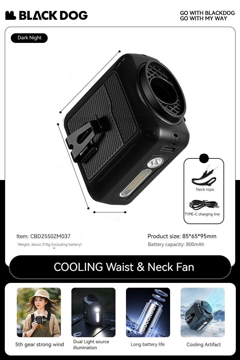 Blackdog COOLING Waist & Neck Fan Multipurpose Outdoor Handheld Electric Fan With Built-in Flashlight Wireless USB Charging Camping Travel Hiking Activity