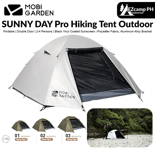 MOBI GARDEN SUNNY DAY Pro Hiking Tent Oudoor 2-4 Person Portable Folding Ultralight 3 Season Waterproof Windproof Black Coated Vinyl Sunscreen Camping