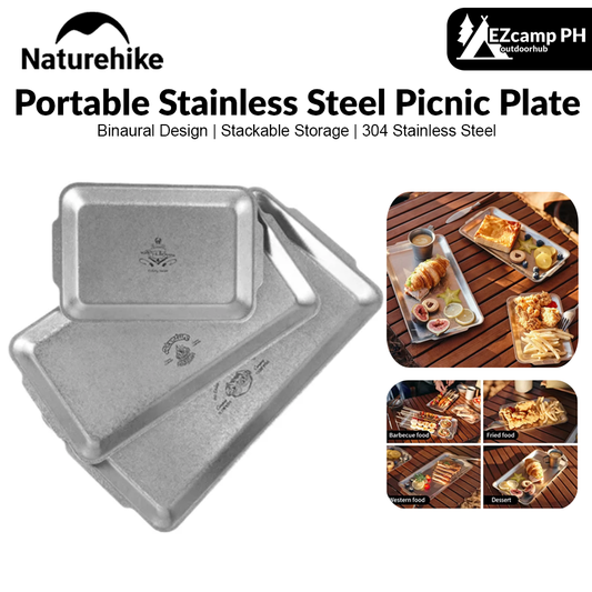 Naturehike Portable Stainless Steel Picnic Plate Square Dish Tray Plate Stackable Food Tableware Dinnerware Utensil Outdoor Picnic BBQ Camping Hiking Dining Beach Travel Heavy Duty Original Nature Hike