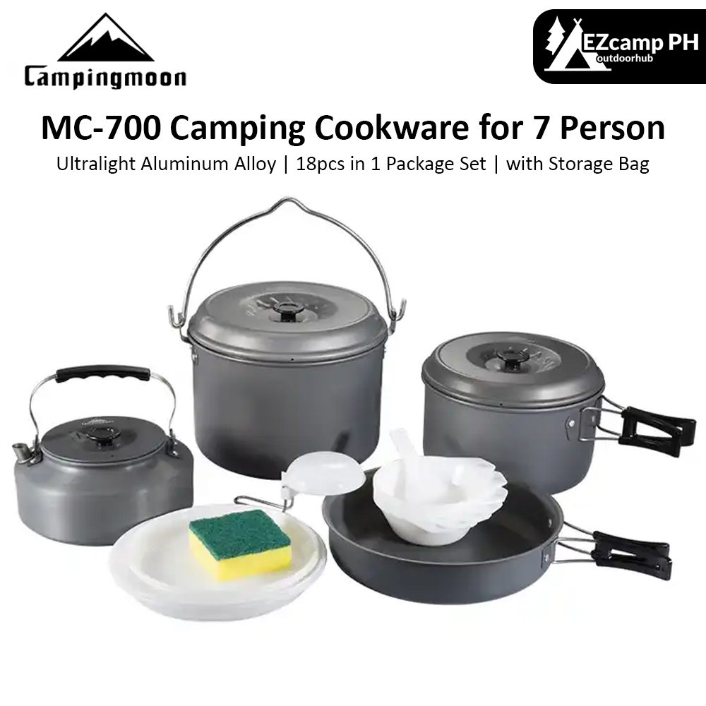 CAMPINGMOON MC-700 7 Person Camping Cookware Set Aluminum Alloy Ultralight Portable Outdoor Picnic Cooking Pot Frying Pan Kettle with Storage Bag Large Complete Package Set