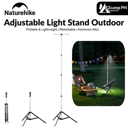 Naturehike Adjustable Light Stand Outdoor Portable Lightweight Lamp Holder Post Telescopic Camping Lantern Pole With Tripod Stable Retractable Hanger Silver Aluminum Alloy Camping Hiking Picnic Beach Travel Heavy Duty Original Nature Hike