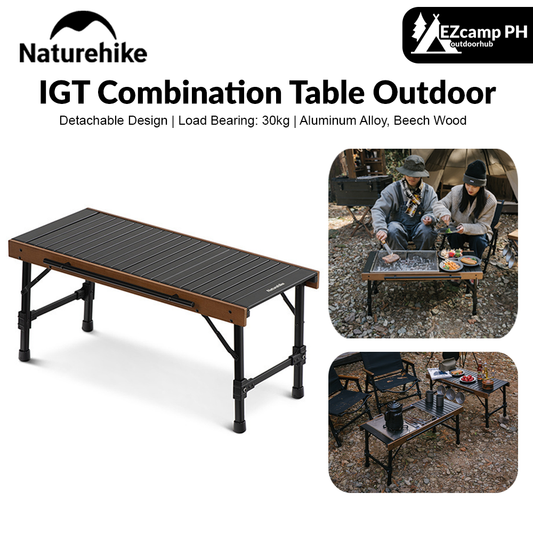 Naturehike IGT Combination Table Outdoor Portable Folding Picnic BBQ Aluminum Alloy Table Combined With BBQ Grill Or Gas Stove Bundle Set Loab Bearing Up to 30kg Foldable Wood Light Egg Roll Camping Hiking Beach Travel Original Nature Hike