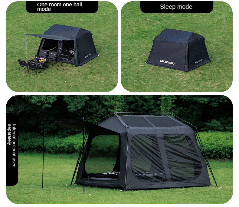 BLACKDOG STAR 5.9 Black Automatic Cabin Tent 1 Bedroom 4 Awning Canopy Halls Fast Build Tent For 3-4 Persons Large Up To 27m² Usable Area Vinyl Coated
