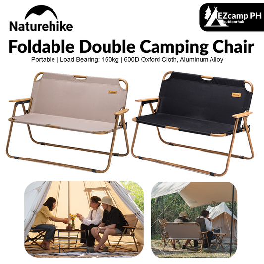 Naturehike Foldable Double Camping Chair Outdoor Portable Lightweight Wood Grain Seat Folding Dual Bench 160KG Max Load Camp Aluminum Alloy Hiking Beach Picnic Travel Heavy Duty Original Nature Hike