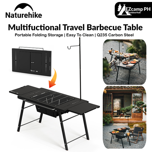 Naturehike Multifuctional Travel Barbecue Table Folding BBQ Grill Outdoor Camping Picnic Portable Integrated Built-in Cooking Charcoal Grill with Lamp Pole Easy to Clean Nature Hike