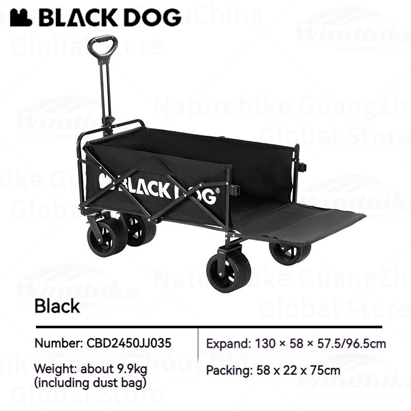 BLACKDOG CITY WALK Black Outdoor Trolley 100L Capacity 200kg Max Load All Terrain Thick Wheels with Brakes 600D Oxford Steel Frame Heavy Duty Camping Cart Wagon Carrier Black Dog