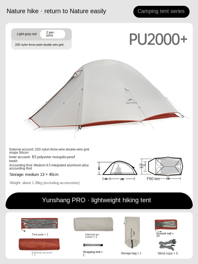 Naturehike CLOUD UP PRO Series Ultralight Camping Tent for 1 and 2 Person Waterproof 20D Nylon and 8 Series Aluminum Alloy Pole 4 Season Tent