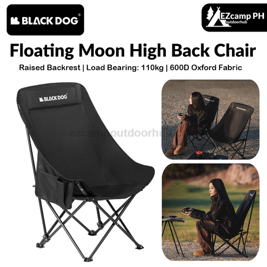 BLACKDOG Floating Moon High Back Chair Portable Foldable Black Raised Back Camping Hiking Travel Chair With Pockets Load Capacity Up To 110 kg