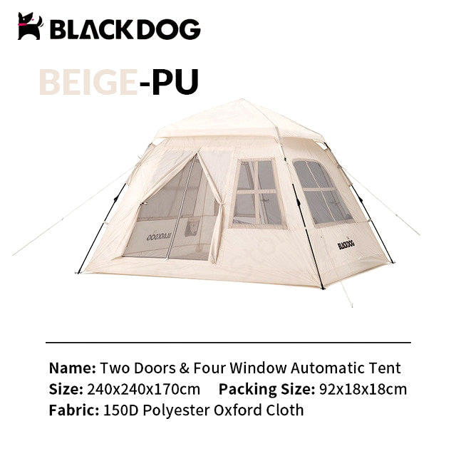BLACKDOG Black Vinyl Automatic Tent 2 Doors 4 Windows 4 Person Tent Auto Pop Up Fast Setup Poles Waterproof Windproof Outdoor Tent PU Or Vinyl Coated Beige