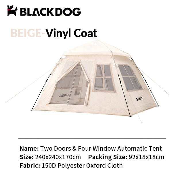 BLACKDOG Black Vinyl Automatic Tent 2 Doors 4 Windows 4 Person Tent Auto Pop Up Fast Setup Poles Waterproof Windproof Outdoor Tent PU Or Vinyl Coated Beige