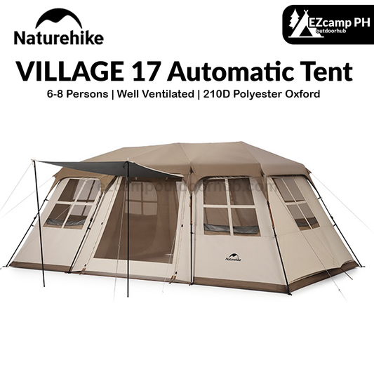 Naturehike VILLAGE 17 Automatic Tent Portable 6-8 Person Cabin Style Camping Ridge All-In-One Pole Travel Tent Double 2 Bedroom 1 Hall Foyer Waterproof Hut