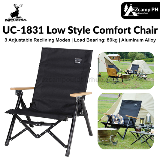 CAPTAIN STAG UC-1831 Low Style Comfort Chair Portable Lightweight Black Label Chair With 3 Level Of Reclining Function Folding Outdoor Camping Relax Seat