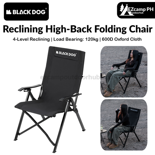 BLACKDOG Reclining High-Back Folding Chair Portable Foldable Black Camping Chair 4 Level Recliner 120kg Max Load Travel Picnic Seat 600D Oxford Cloth