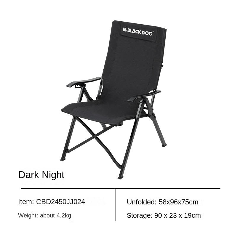 BLACKDOG Reclining High-Back Folding Chair Portable Foldable Black Camping Chair 4 Level Recliner 120kg Max Load Travel Picnic Seat 600D Oxford Cloth