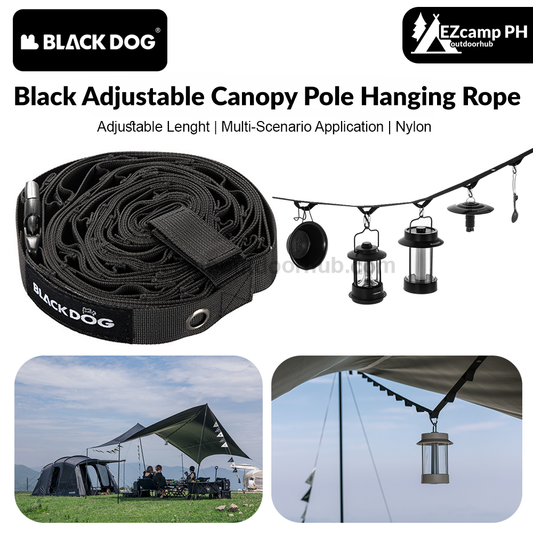 BLACKDOG Black Adjustable Canopy Pole Hanging Rope Nylon Lanyard Hang Camping Utensils Lamp Lantern Lights Cookware up to 6.1m Length Portable Awning Shelter