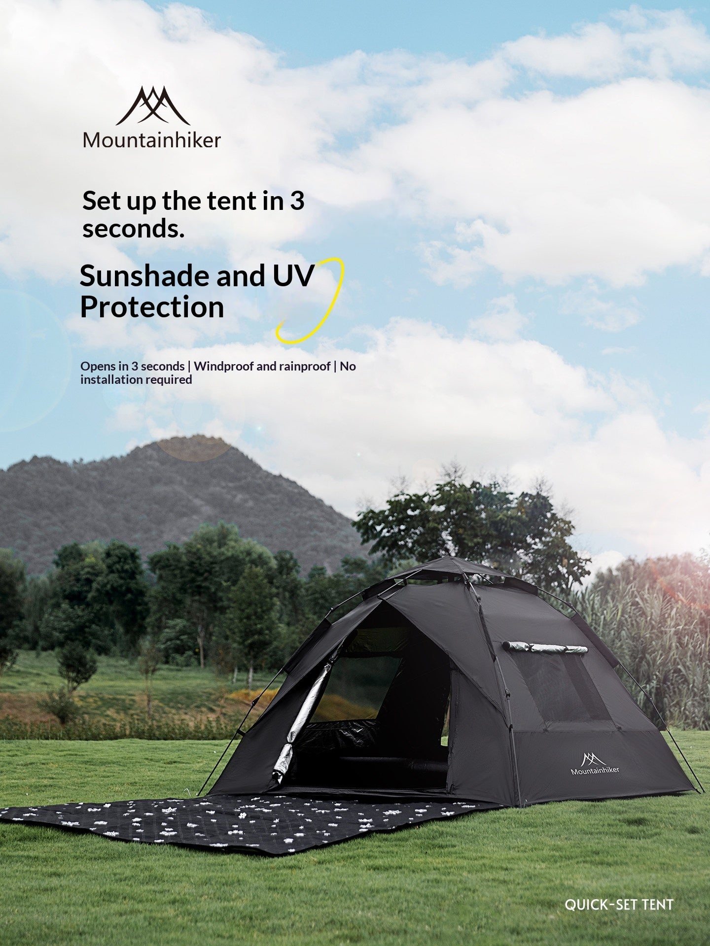 Mountainhiker Fast Fully Automatic Tent Portable Lightweight 2-3 Persons Foldable Entry Level Quick Open Camping Tent Silver Coated Thickened Sunscreen Waterproof PU1500mm Outdoor