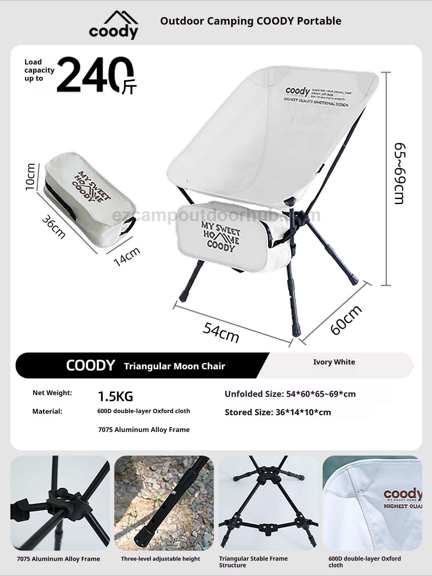 Coody Triangular Moon Chair Portable Ultralight Wide Seat Load Bearing Up To 120kg Max Triangular Bracket 600D Oxford Cloth With Storage Bag Outdoor