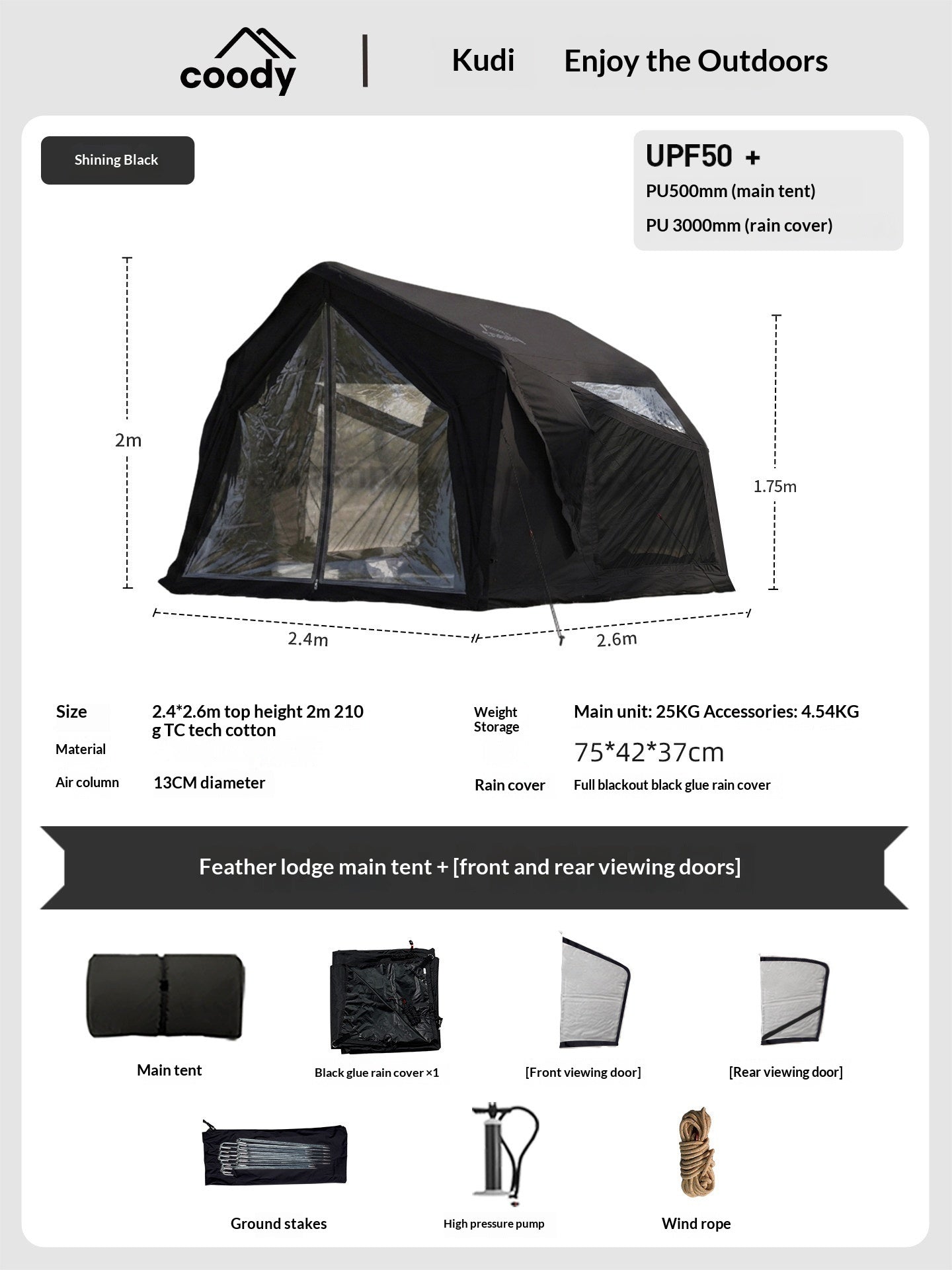 Coody YUSTONA Air Inflatable Tent Portable 2-4 Persons Quick Automatic Opening 4 Season Modern Tech Cotton Inflatable Tent Waterproof Outdoor Camping