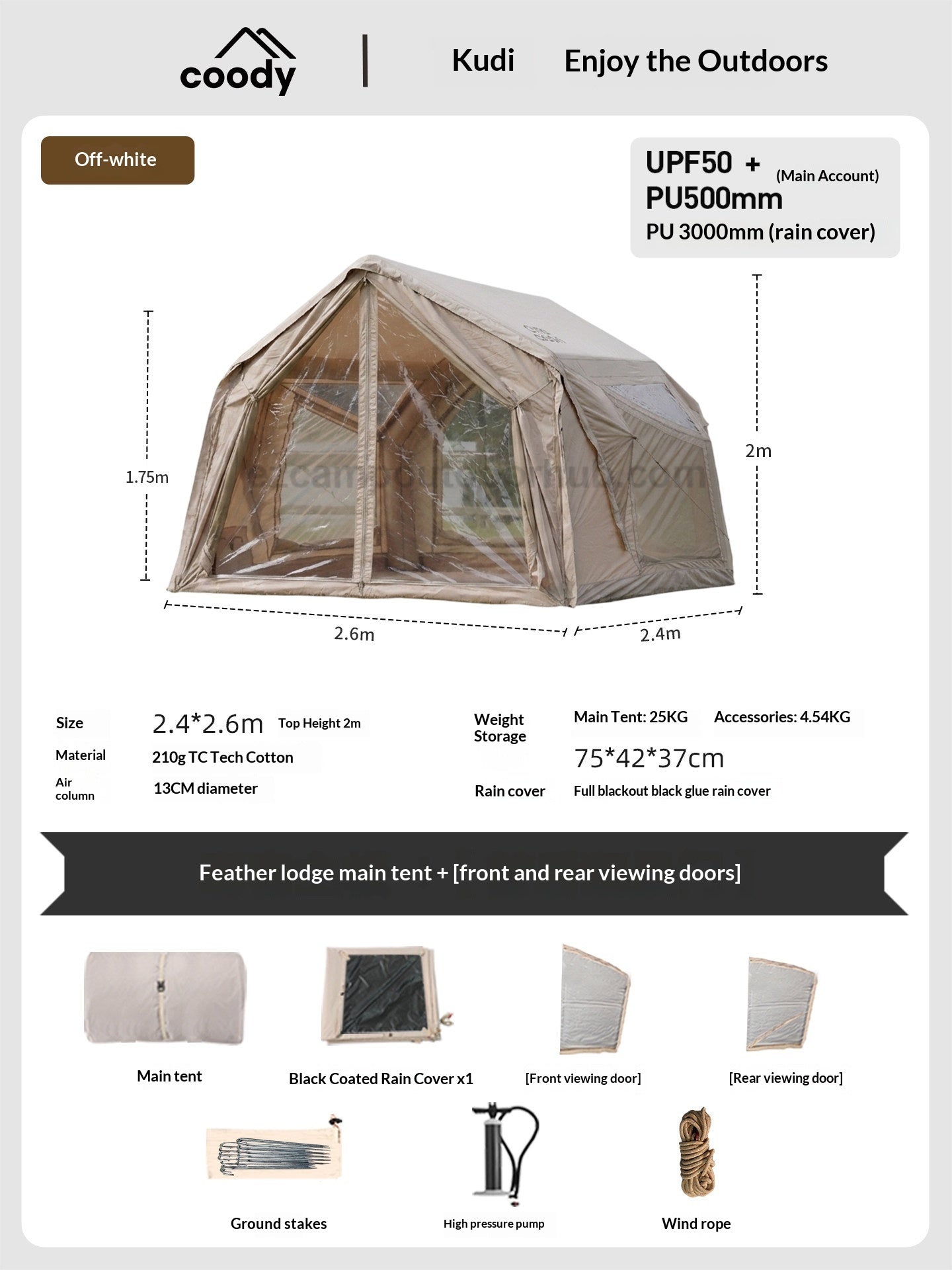 Coody YUSTONA Air Inflatable Tent Portable 2-4 Persons Quick Automatic Opening 4 Season Modern Tech Cotton Inflatable Tent Waterproof Outdoor Camping