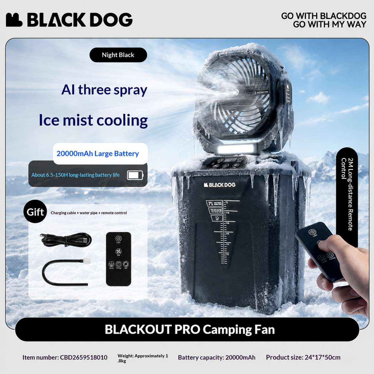 BLACKDOG BLACKOUT PRO Camping Fan Spray Fan Remote Control Water Tank Cooling Long Battery Life Table Fan Wall Fan Wide Area Coverage Outdoor