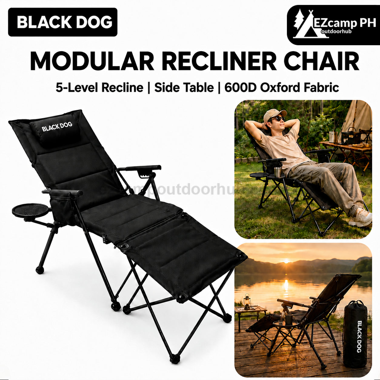 BLACKDOG Modular Recliner Chair Black Portable Lightweight 5-Level Adjustable With Side Table And Footrest Spacious Seat Outdoor Camping Travel