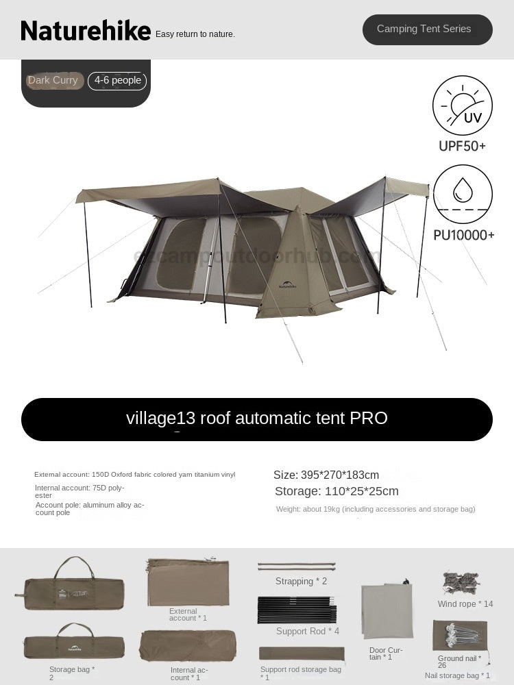 Naturehike VILLAGE 13 Flagship PRO Series Fast Build Automatic Cabin Style Tent 4-8 Person Outdoor Waterproof Ti Black Vinyl Coated Sunscreen Gen 3