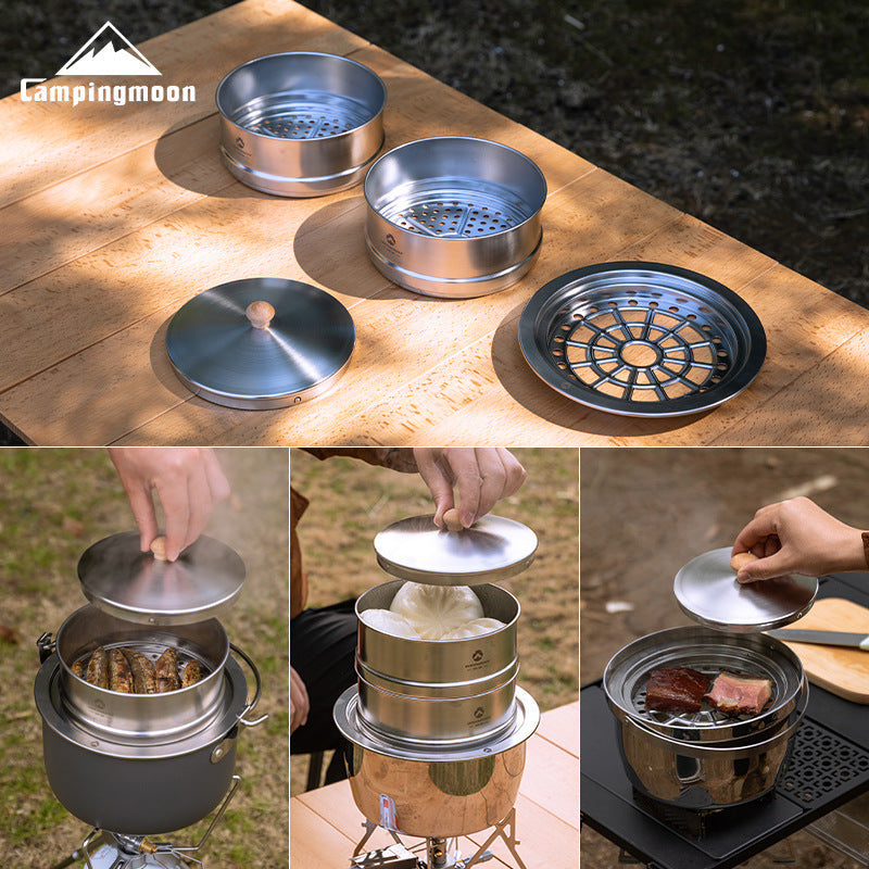 Campingmoon S363-2S Double Layer Steamer Base Set Portable Lightweight Multi-Pot Fit Three-Arc Base Design 304 Stainless Steel Home Camping Cooking Steamer