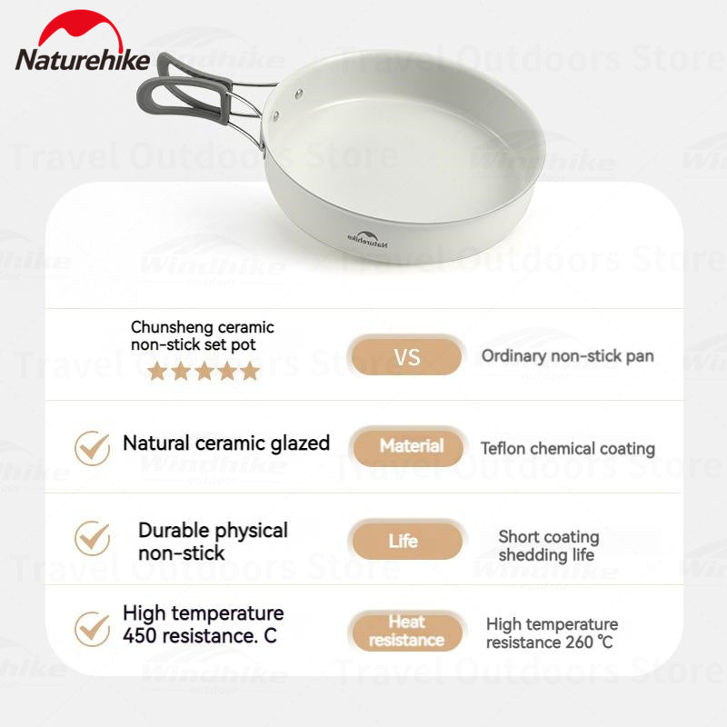 Naturehike Ceramic Non-Stick Set Of Pots And Frying Pans Portable Tableware  Stackable Cookware Folding Handle Stainless Steel Aluminum Alloy