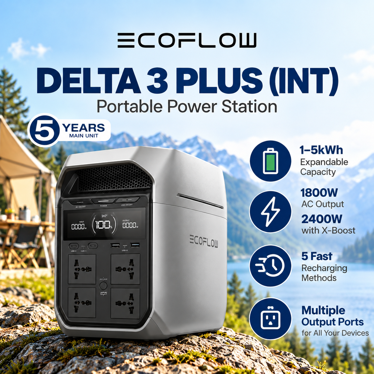 Ecoflow DELTA 3 Plus Power Station Home Battery Backup Faster USB charging & 2 ports of Solar Input 1800W Up To 3600W With X-Boost Energy Storage