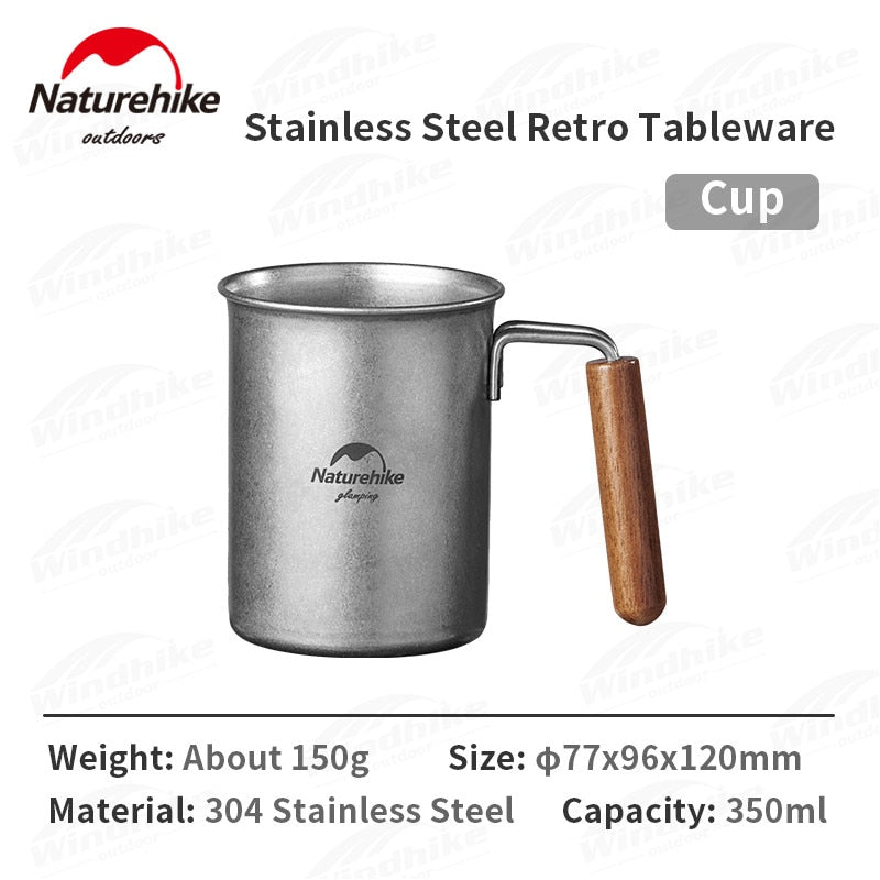 Naturehike Stainless Steel Retro Tableware Set Outdoor Portable Lightweight Vintage Style Plate Dish Cup Mug Coffee Tea Set Camping Hiking Picnic BBQ Dining Travel Utensil Heavy Duty Original Nature Hike
