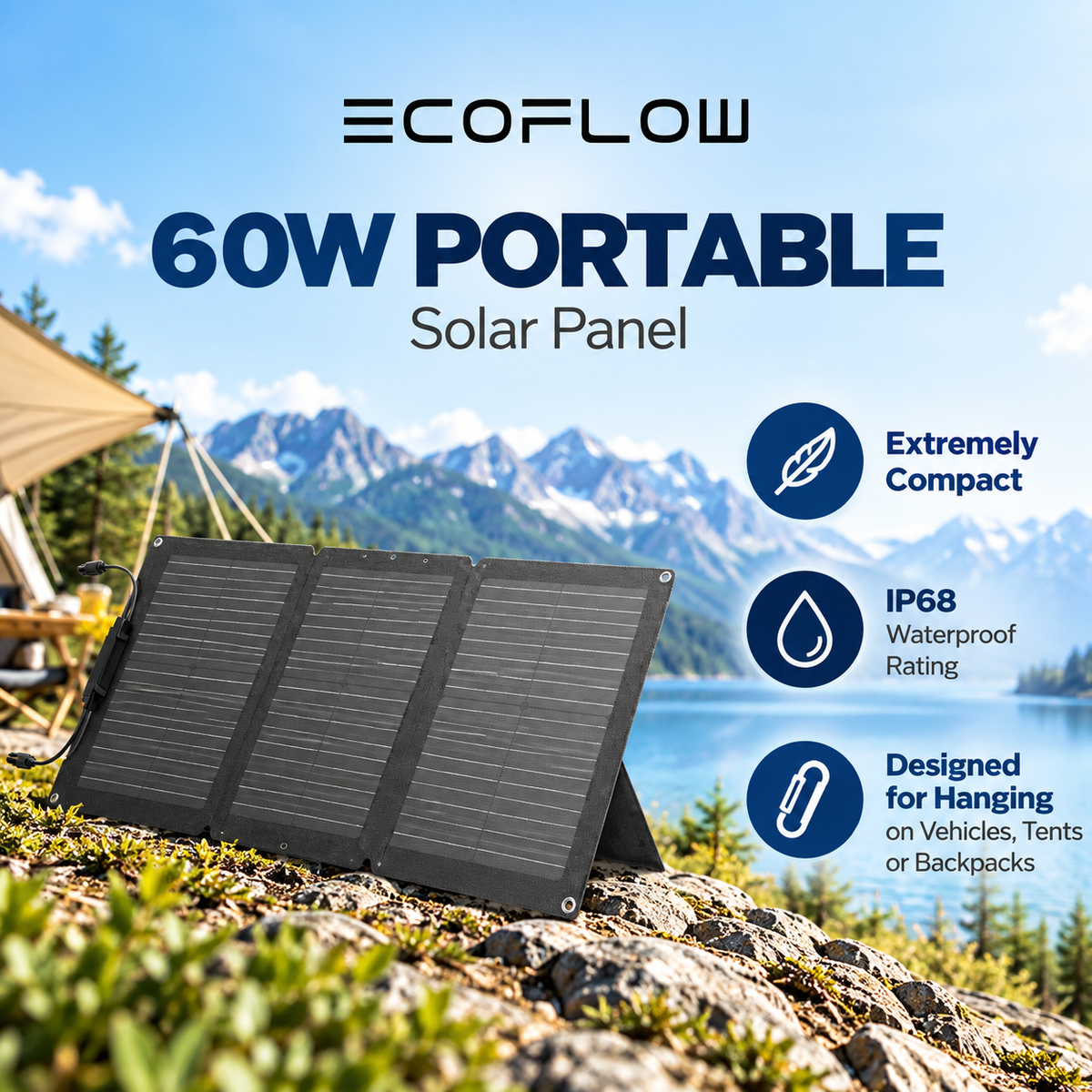 Ecoflow Foldable Solar Panel 60W Rated Power Flexible With High Efficiency Solar Modules IP68 Waterproofing Off-Grid Solar Panel Kits PV Charging Power Kits