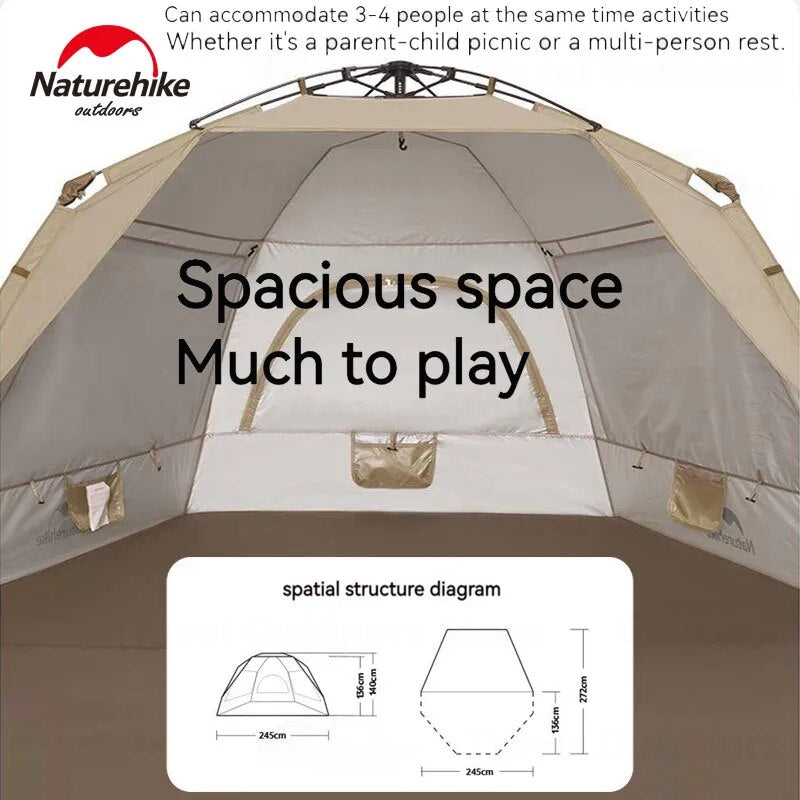 Naturehike Fast Automatic Beach Tent Silver Coated Sunscreen Shade for 3-4 Person Canopy Awning Tarp Waterproof Sunshade Outdoor Camping Panoramic View Breathable Quick Open Nature Hike