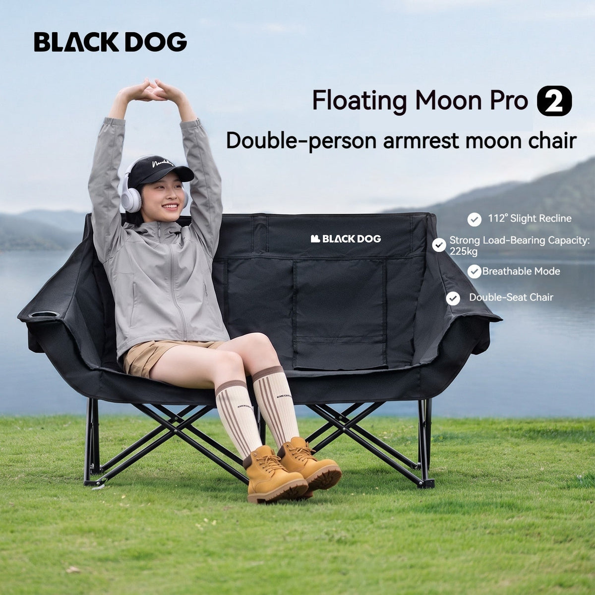 Blackdog FLOATING MOON PRO 2 Folding Portable Double Seat 225kg Max Load Extra Wide Camping Chair