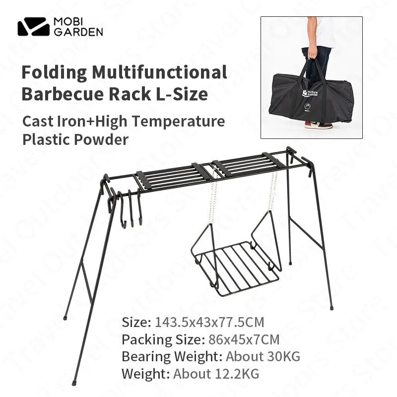 Mobi Garden Cast Iron Outdoor BBQ Hanging Pot Cookware Kitchenware Utensil Rack Large Shelf Camping Multifunctional Grill Cooking Barbecue Shelves Portable Foldable Folding Storage Design Mobigarden
