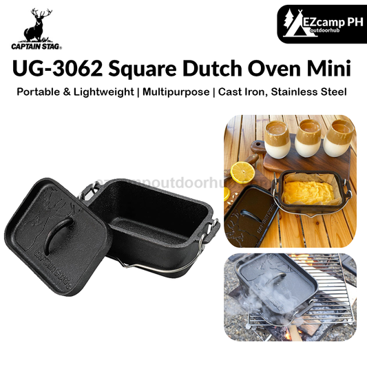 CAPTAIN STAG UG-3062 Square Dutch Oven Mini Portable 750ml Uncoated Stew Pot Hanging Cast Iron Pot BBQ Tray Outdoor Camping Cookware Kitchenware