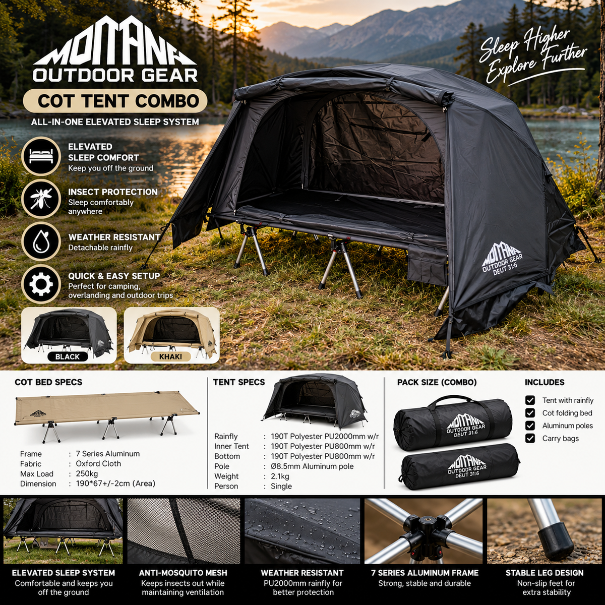 Montana COT TENT Combo Off the Ground Single Person Ultralight Portable Waterproof Camping Tent