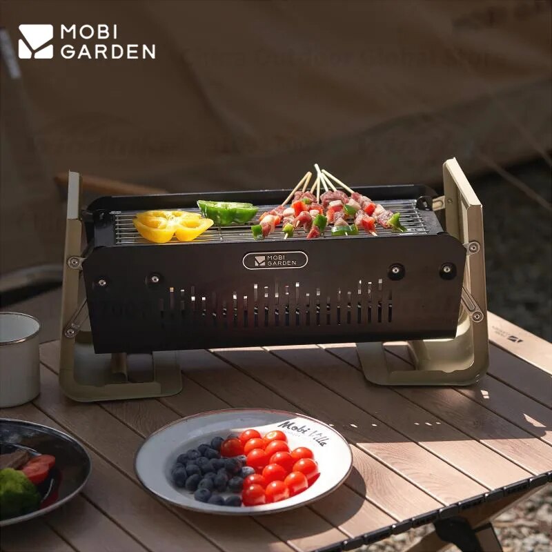 Mobi Garden LeYan Small Desktop BBQ Charcoal Grill Stove Outdoor Camping Picnic Portable Folding Tabletop Burner Ultralight Carbon Steel Body Stainless Steel Grill Net with Storage Bag Mobigarden