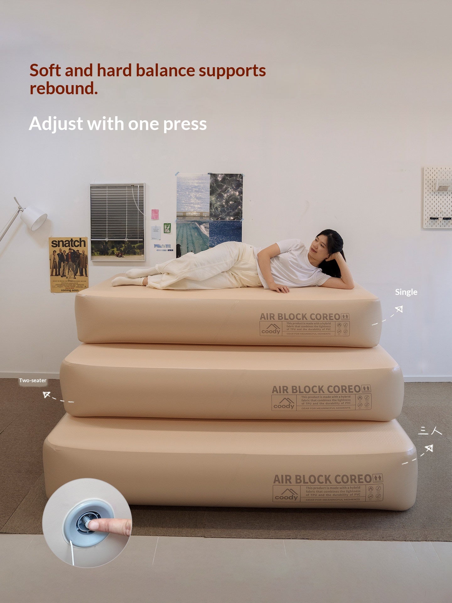 COODY AIR BLOCK COREO 35 Premium Brushed Air Mattress Dual Chamber Stable Support Adjustable Firmness PVC Pad Mat Outdoor Camping Home Travel