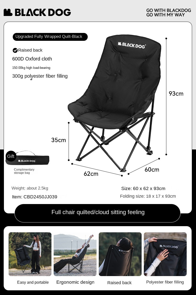 BLACKDOG Floating Moon High Back Chair Portable Foldable Black Raised Back Camping Hiking Travel Chair With Pockets Load Capacity Up To 110 kg
