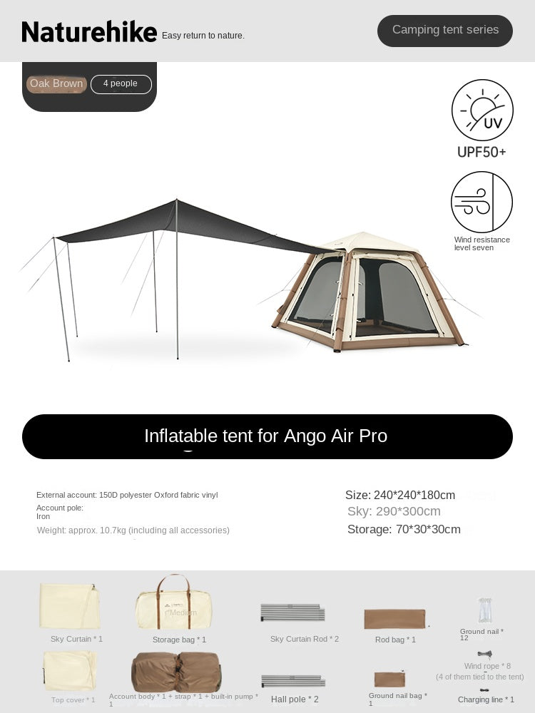 Naturehike ANGO AIR PRO Inflatable Dome Style Tent Portable 3-4 Persons Fast Build With Extended Canopy Removable Built-in Electric Air Pump Waterproof
