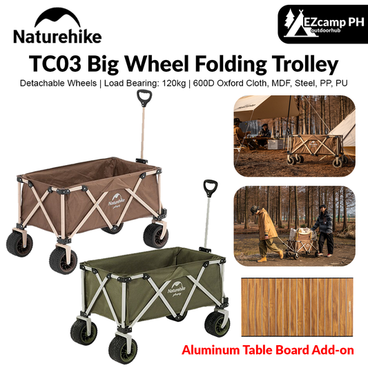 Naturehike TC03 Big Wheel Folding Trolley 140L Luggage Carrying Cart 120kg Load Bearing Four Way Trolley Carrier Wagon with Optional Tabletop Board