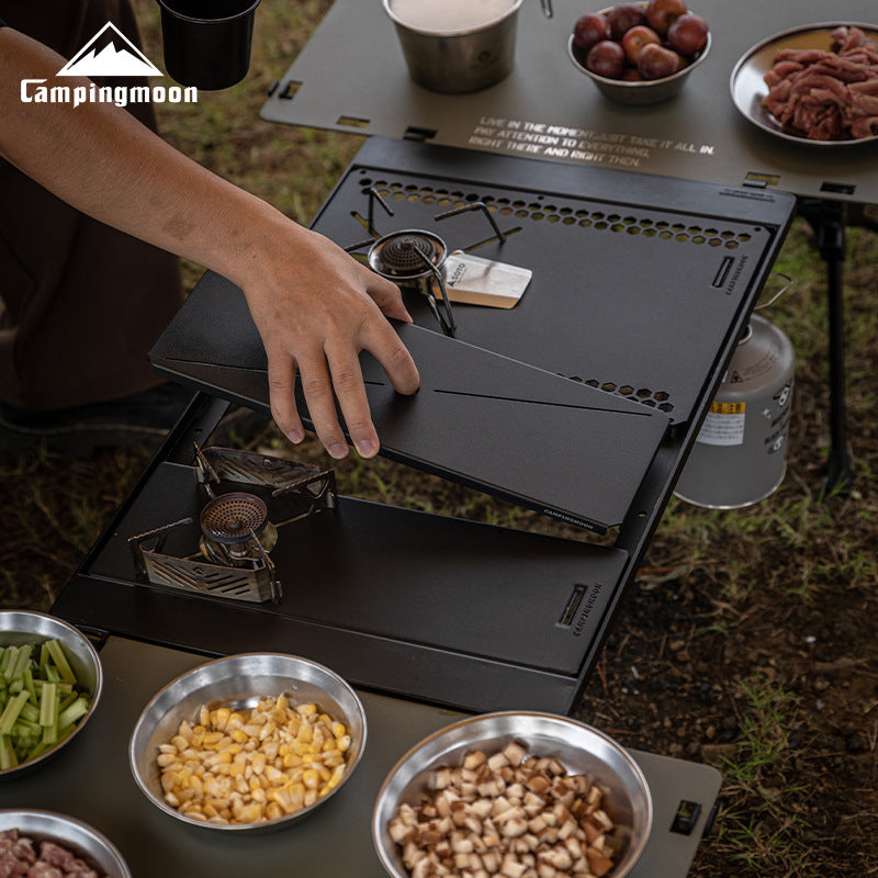 Campingmoon Modular Bridge Table Series Foldable Multiple Configuration IGT Compatible Outdoor Camping Black Folding Integrated Grill Kitchen Table