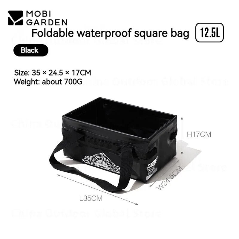Mobi Garden Black Folding Square PVC Waterproof Storage Bag 12.5L 25L Small Large Collapsible Portable Flat Storage Outdoor Camping Picnic Equipment Water Container Bucket Mobigarden
