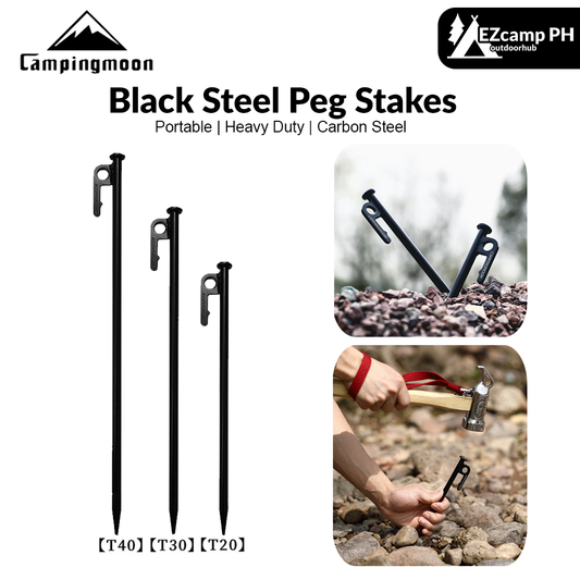 CAMPINGMOON Black Carbon Steel Peg Stakes Pack of 6pcs or 8pcs 20cm 30cm 40cm Length Outdoor Camping Ground Nail Tent Wind Rope Line Pegs Stakes Set Lot Camping Moon Heavy Duty Original Metal Nails