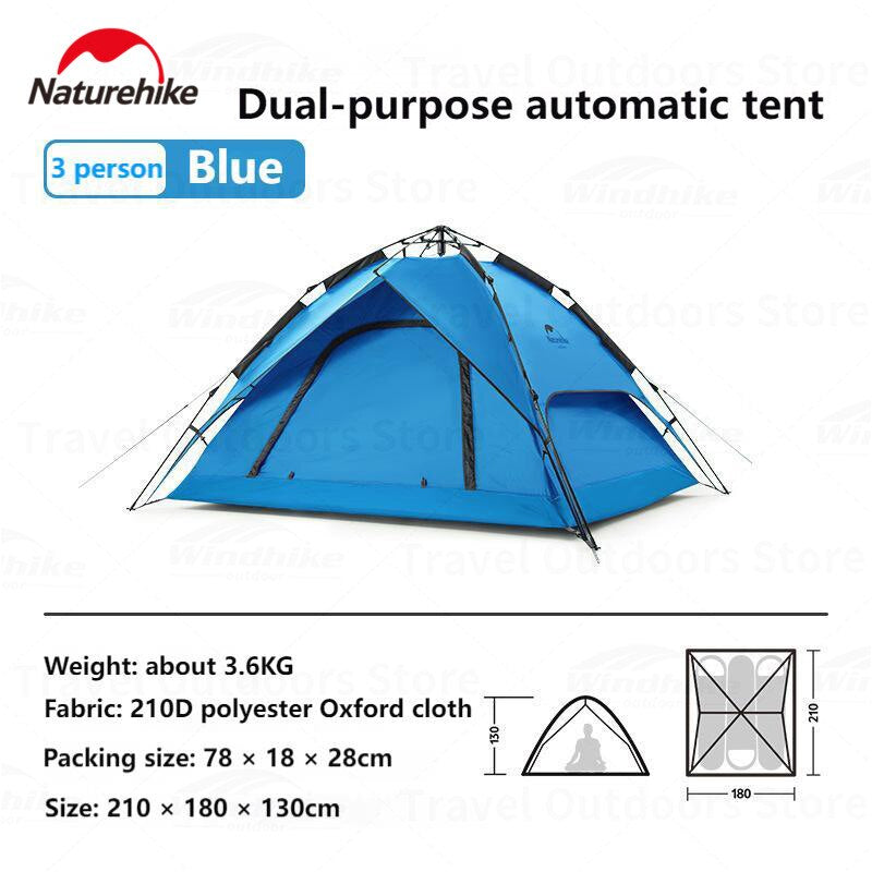Naturehike Automatic Pop Up Camping Tent Fast Quick Build 3 and 4 Person Dome Style 210D Polyester Waterproof 3000mm Instant Auto Outdoor Shelter Nature Hike Original Heavy Duty